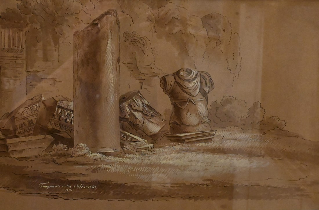 Continental School (19th Century): Continental School (19th Century) "Fragments in the Coliseum", 1818 Brown ink and gouache on paper Titled and dated lower left 10" x 16 1/2" Provenance: Kennedy Galleries, Inc. New York, New York