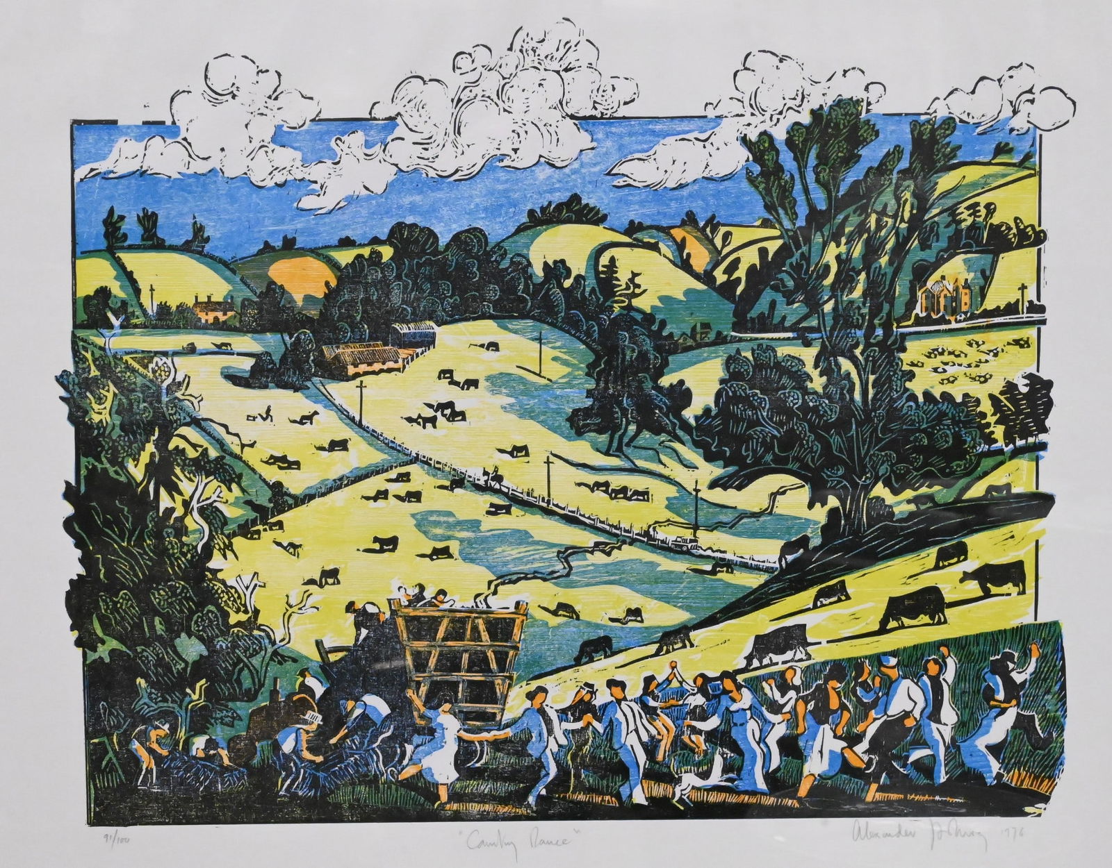 Alexander Hollweg (British 1936-2020): Alexander Hollweg (British 1936-2020) "Country Dance" from "For John Constable" 1976 Woodcut in color, edition 91/100 Signed and dated lower right Alexander Hollweg 1976 22" x 30"