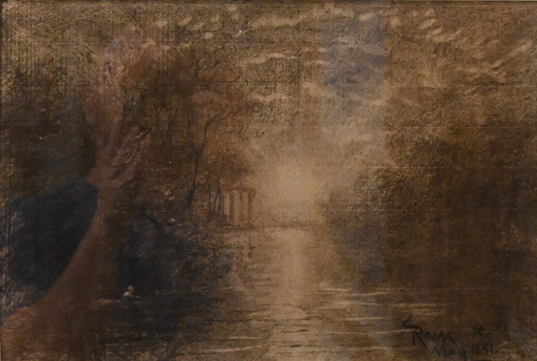 Charles Caryl Coleman (American 1840-1928): Charles Caryl Coleman (American 1840-1928) "Roma", 1881 Landscape of Sunset and Ancient Ruins Charcoal on paper sketch Signed and inscribed lower right "Roma c.c.c. May 1881" 9 3/4" x 14 3/4" Provenan