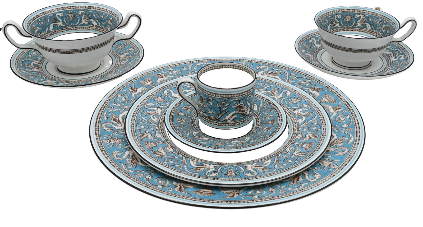 99 Piece Wedgwood "Florentine" Porcelain Dinner Service: 99 Piece Wedgwood "Florentine" Porcelain Dinner Service to include 12 dinner plates, 12 salad plates, 8 double handled soups, 8 soup underplates, 12 tea cups, 15 teacup saucers, 7 demitasse cups, 7 de