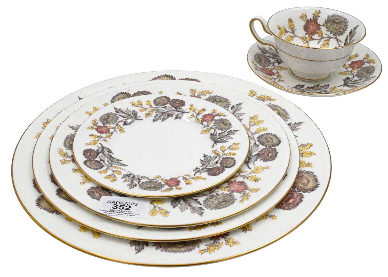 74 Piece Wedgewood China in Litchfield Pattern: 74 Piece Wedgewood China in Litchfield Pattern to include 12 dinner plates, 12 luncheon plates, 12 salad plates, 12 bread plates, 12 tea cups, 12 saucers, 1 creamer, and 1 sugar bowl diameter 11 inche