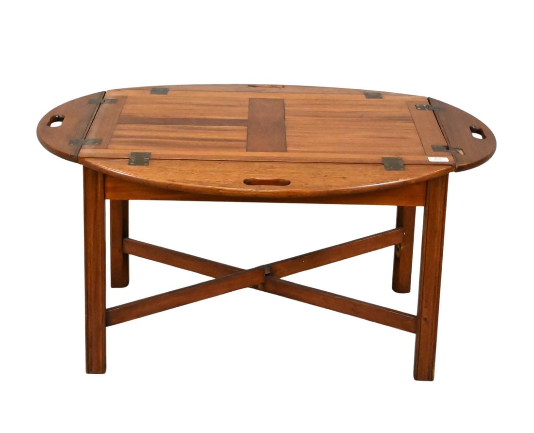 Butler's Tray Table: Butler's Tray Table having cross banded legs and inlaid top with four drop leaves height 19 inches, top 20" x 29"
