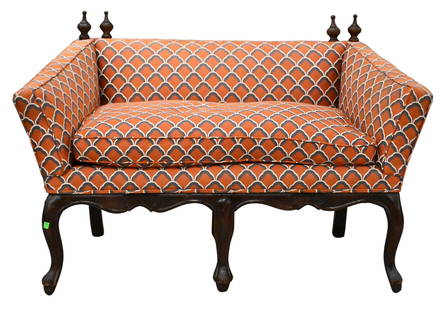 Continental Upholstered Settee: Continental Upholstered Settee having carved and shaped apron and cabriole legs, upholstery as is height 32 inches, length 53 inches, depth 26 inches