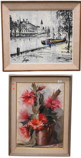 Two Framed Paintings: Two Framed Paintings to include Yorgo Fine Arts (20th Century) "Riverboat on the Seine" Acrylic on canvas Signed lower left Yorgo 21 1/2" x 26" "Still Life with Flowers" Oil on canvas Signed illegibly