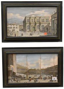 Pair of Antonio Visentini (Italian 1688-1782) Framed Scenes of Venice: Pair of Antonio Visentini (Italian 1688-1782) Framed Scenes of Venice "Scuola di San Rocco" "Piazza San Marco" Hand colored Vue d'Optique cut engravings from "Urbis Venetiarum Prospectus" (Views of th