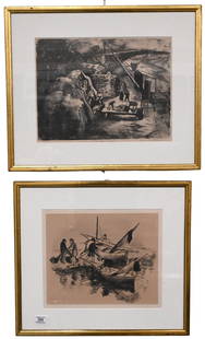 Five Framed Pieces: Five Framed Pieces to include Four: Harry Gottlieb (American 1895-1992) "The Roundhouse" 1930 "Tent Show" edition 3/15 "Two Fishing Boats" "Cement Piles Along the Seine" Lithographs Each signed lower