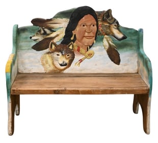 Carved and Painted Native American Indian Bench