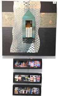 Five Decorative Framed Mixed Media Pieces: Five Decorative Framed Mixed Media Pieces to include Joanne Schiavone (American 20/21st Century) "Spring House Histories" 1999 Fabric, paper, book art mixed media and wood Signed and dated verso J.Sch