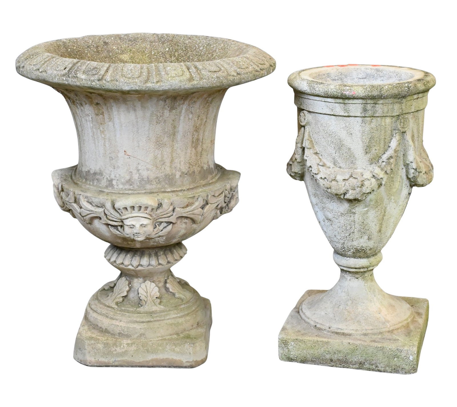 Two Cast Stone Outdoor Urns: Two Cast Stone Outdoor Urns height 27 inches, other height 24 inches