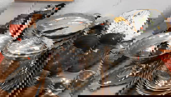 Six Box Lots of Pewter: Six Box Lots of Pewter to include Sheffield partial tea service with hammered finish, Serge Nekrassoff hammered candlesticks, three small Amos bird figures, Revere Romeny, Gab Tenn Sweden, pitchers, p