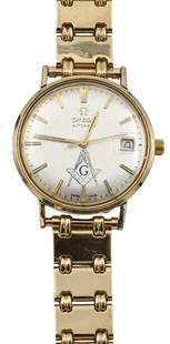 14K Gold Filled Omega Seamaster Automatic Watch: 14K Gold Filled Omega Seamaster Automatic Watch with solid 14K bracelet, dial with date window and marked with Freemasons' symbol length 38 millimeters from case to crown, total length 8 1/2 inches, t