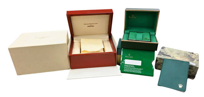 Three Luxury Watch Boxes: Three Luxury Watch Boxes to include Girard-Perregaux Ferrari with outer box and cloth, two Rolex boxes one Oyster (cardboard box and card holder only) the other with both outer and inner box as well a