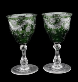 Pair of Thomas Webb & Sons Emerald Cut-to-Clear Wine Goblets