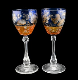 Pair of Stevens & Williams Triple Cut-to-Clear Hock / Wine Glasses