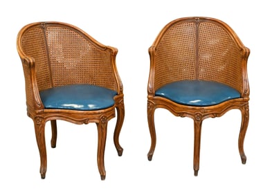 Pair of Carved Walnut Caned Fauteuil De Bureau D'époque Louis XV Chairs