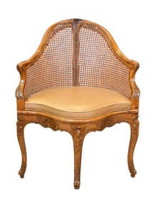 Carved Walnut Caned Fauteuil De Bureau D'époque Louis XV Chair