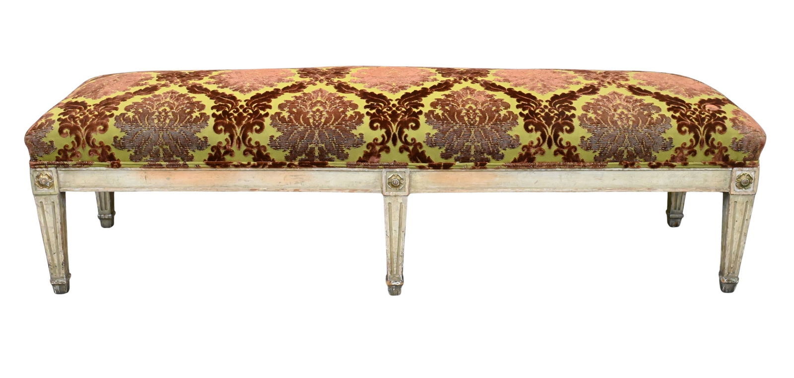 Louis XVI Painted Bench: Louis XVI Painted Bench six tapered fluted legs and a rectangular seat, upholstered in a patterned damask fabric with scrolling foliate motifs in shades of burgundy and gold, frame currently in a worn