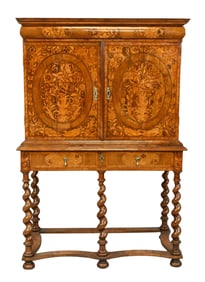 William and Mary Dutch Marquetry Inlaid Walnut and Fruitwood Cabinet on Stand