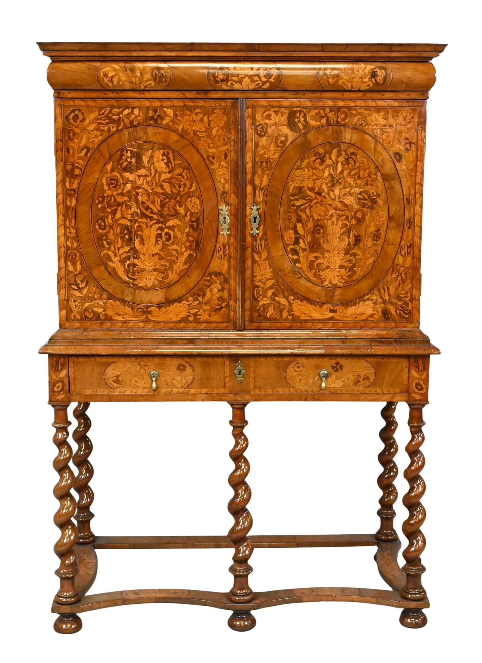 William and Mary Dutch Marquetry Inlaid Walnut and Fruitwood Cabinet on Stand (1 of 6)