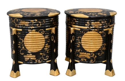 Pair of Circular Kai-Oke Japanese Lacquered and Gilt-Covered Boxes