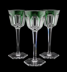 Set of Twelve Baccarat Green Cut-to-Clear Signed Crystal Goblets in Harcourt Pattern