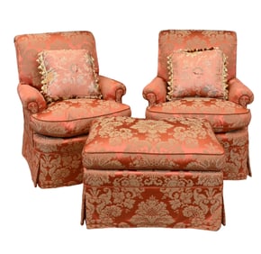 Pair of Upholstered Club Chairs and Ottoman