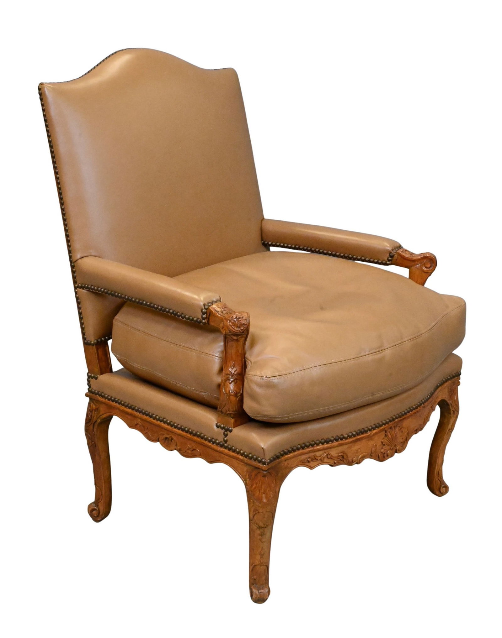 Louis XV Oversized Leather Upholstered Carved Walnut Fauteuil (1 of 8)