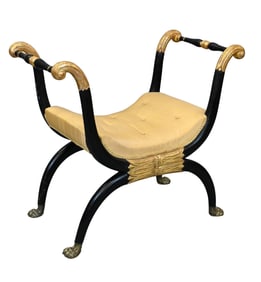 Regency Ebonized and Gilt Wood Curule Form Bench with Brass Paw Feet