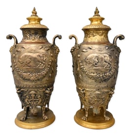 Pair of Renaissance Revival Bronze Urns After Auguste-Émile Levillain (French, 1822–1905)