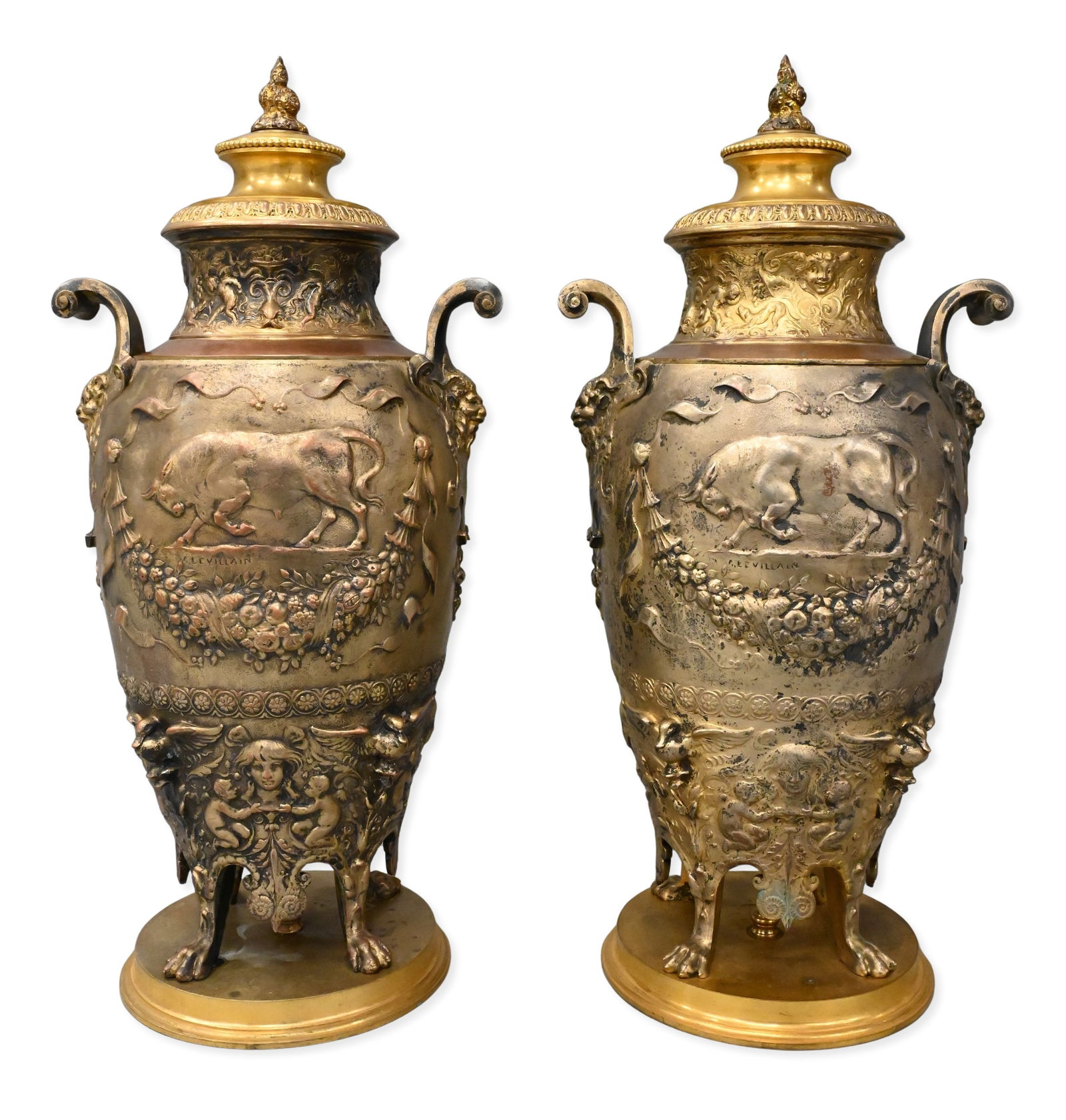 Pair of Renaissance Revival Bronze Urns After Auguste-Émile Levillain (French, 1822–1905): Pair of Renaissance Revival Bronze Urns After Auguste-Émile Levillain (French, 1822–1905) each urn cast in high relief with a central frieze of a boar hunt within floral and fruiting garlan