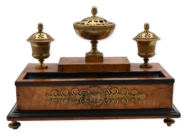 Gilt-Bronze Mounted Burl Walnut Inkstand with Ebony Trim (19th Century)