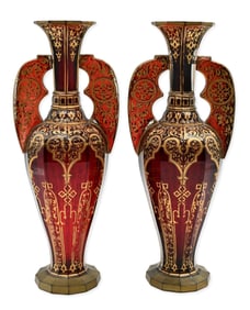 Pair of Bohemian Moorish Style Gilt and Ruby Glass Vases
