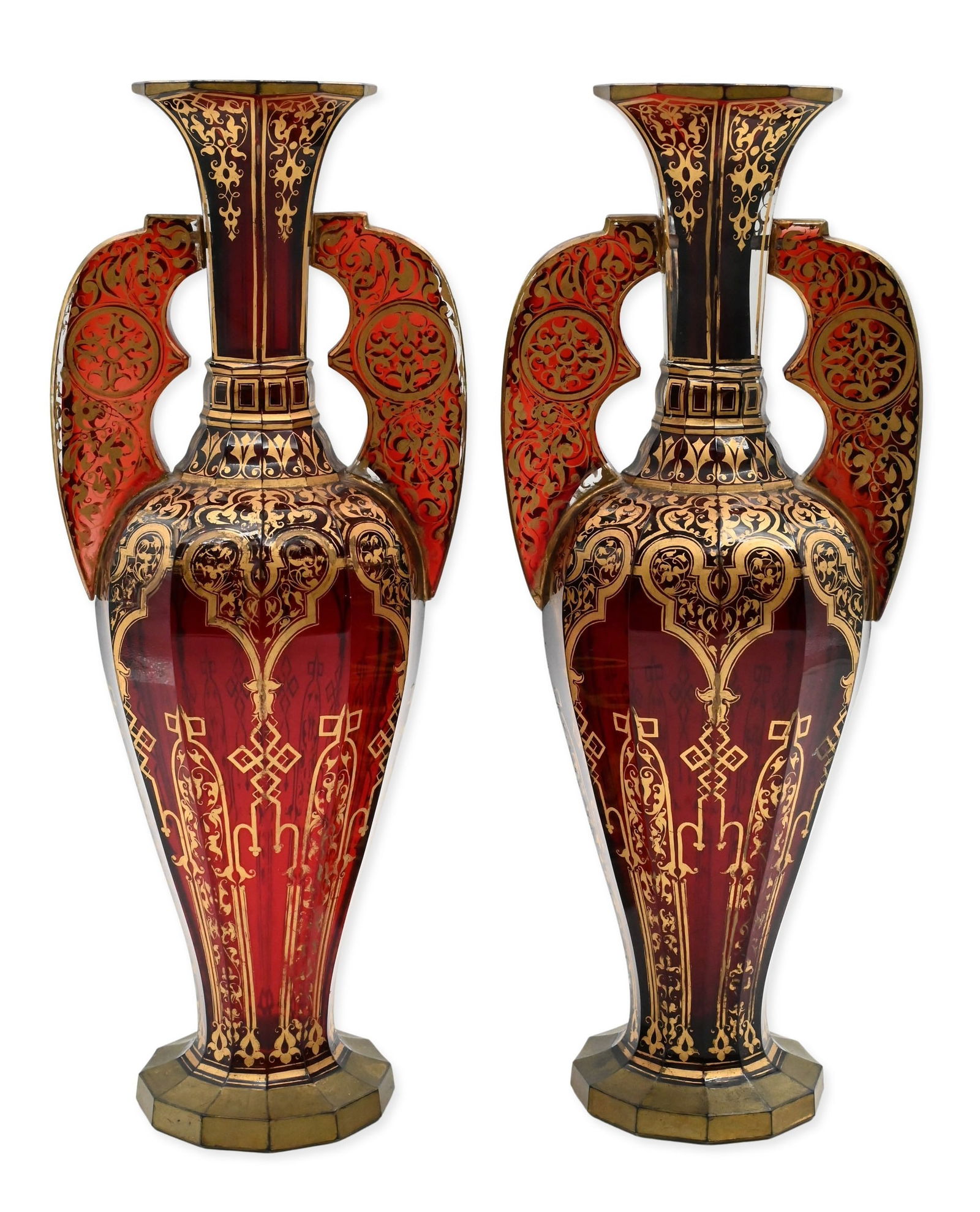 Pair of Bohemian Moorish Style Gilt and Ruby Glass Vases (1 of 10)
