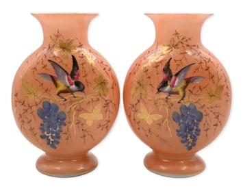 Pair of Opal Glass Vases with Birds and Blossoms