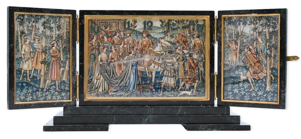 Triptych Mantel Clock with Watercolor Panels (French 19th/20th Century)