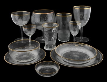 Large 134 Piece Monogrammed Gilt-Rimmed Cut-Glass Service
