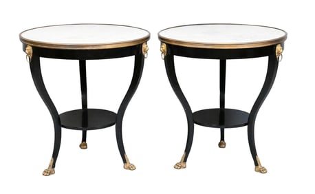 Pair of Signed Maison Jansen Directoire Ebonized and Gilt-Bronze Mounted Gueridon Tables
