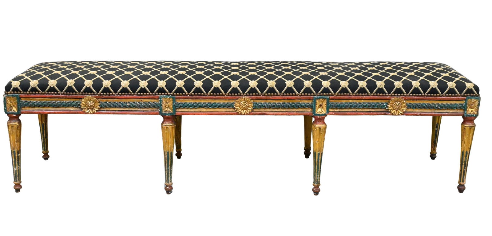 French Louis XVI Painted Bench: French Louis XVI Painted Bench with rectangular seat upholstered in black diamond-pattern fabric with brass tacks, raised on fluted tapering legs with carved sunflower panels, rosettes, and acanthus d