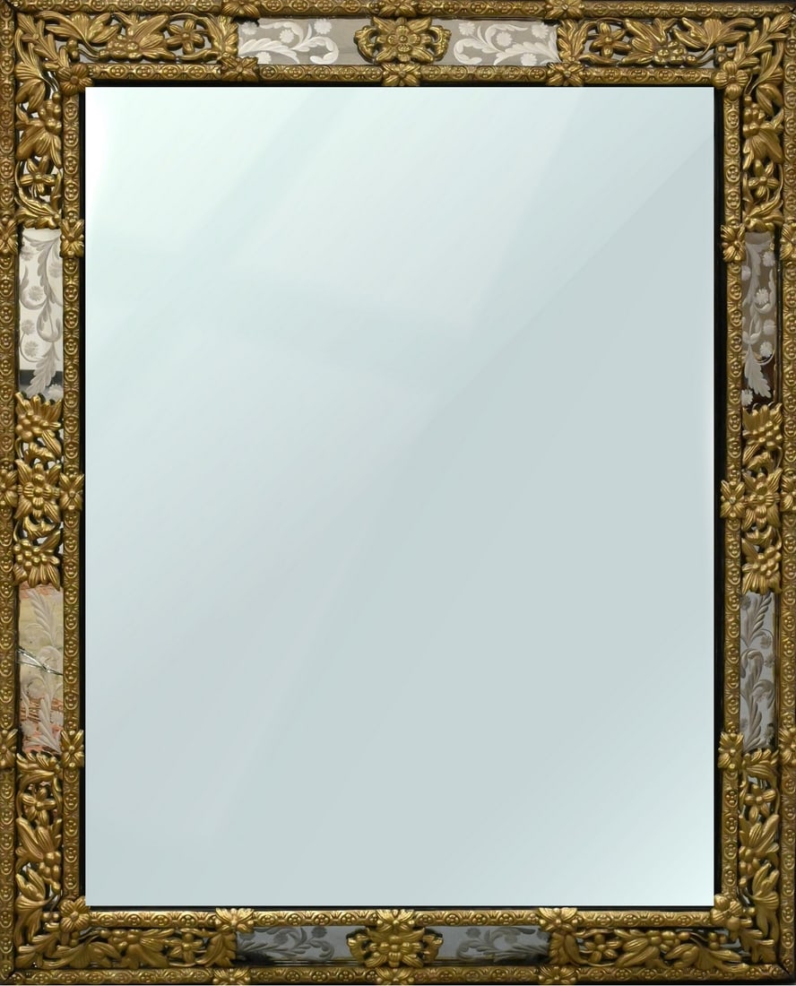 Regency Brass Overlay Venetian Etched Glass Cushion Mirror (1 of 7)
