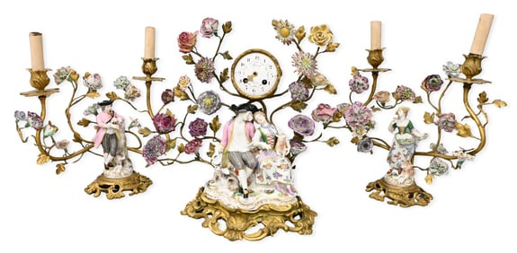 Three Piece Louis XV Gilt-Metal and Meissen Porcelain Garniture de Cheminée