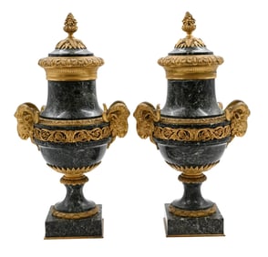 Pair of French Louis XVI Verde Marble and Gilt-Bronze Covered Urns
