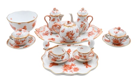 Approximately 94 Piece Assembled Herend Rust "Chinese Bouquet” Porcelain Tea Service