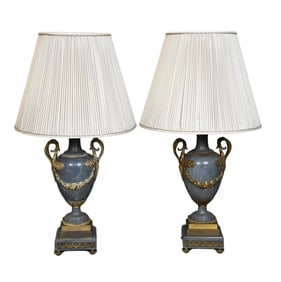 Pair of Gray Marble and Gilt-Bronze Mounted Urn-Form Lamps