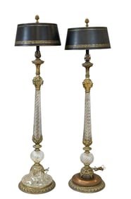 Near Pair of French Bronze and Crystal Floor Lamps, Attributed to Baccarat