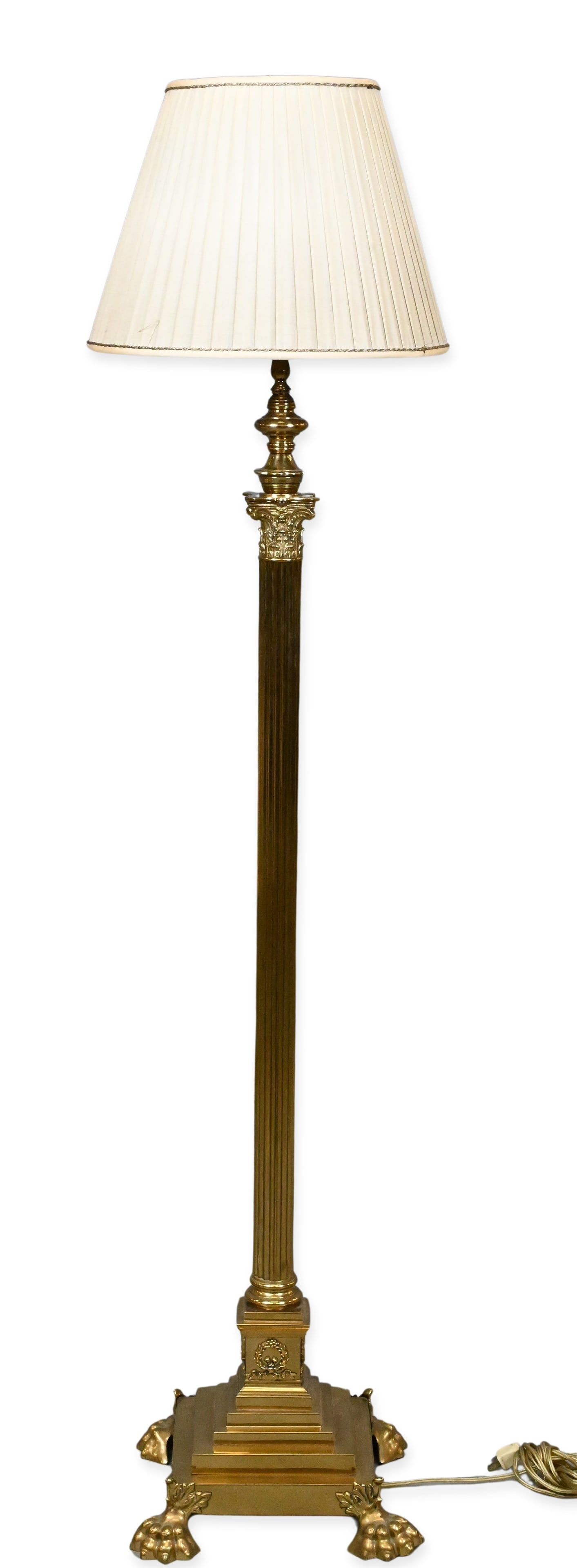 English Neoclassical Brass Floor Lamp: English Neoclassical Brass Floor Lamp fluted columnar standard with Corinthian capital and stepped base terminating in paw feet, fitted with a pleated fabric shade, electrified, circa 1875 overall hei