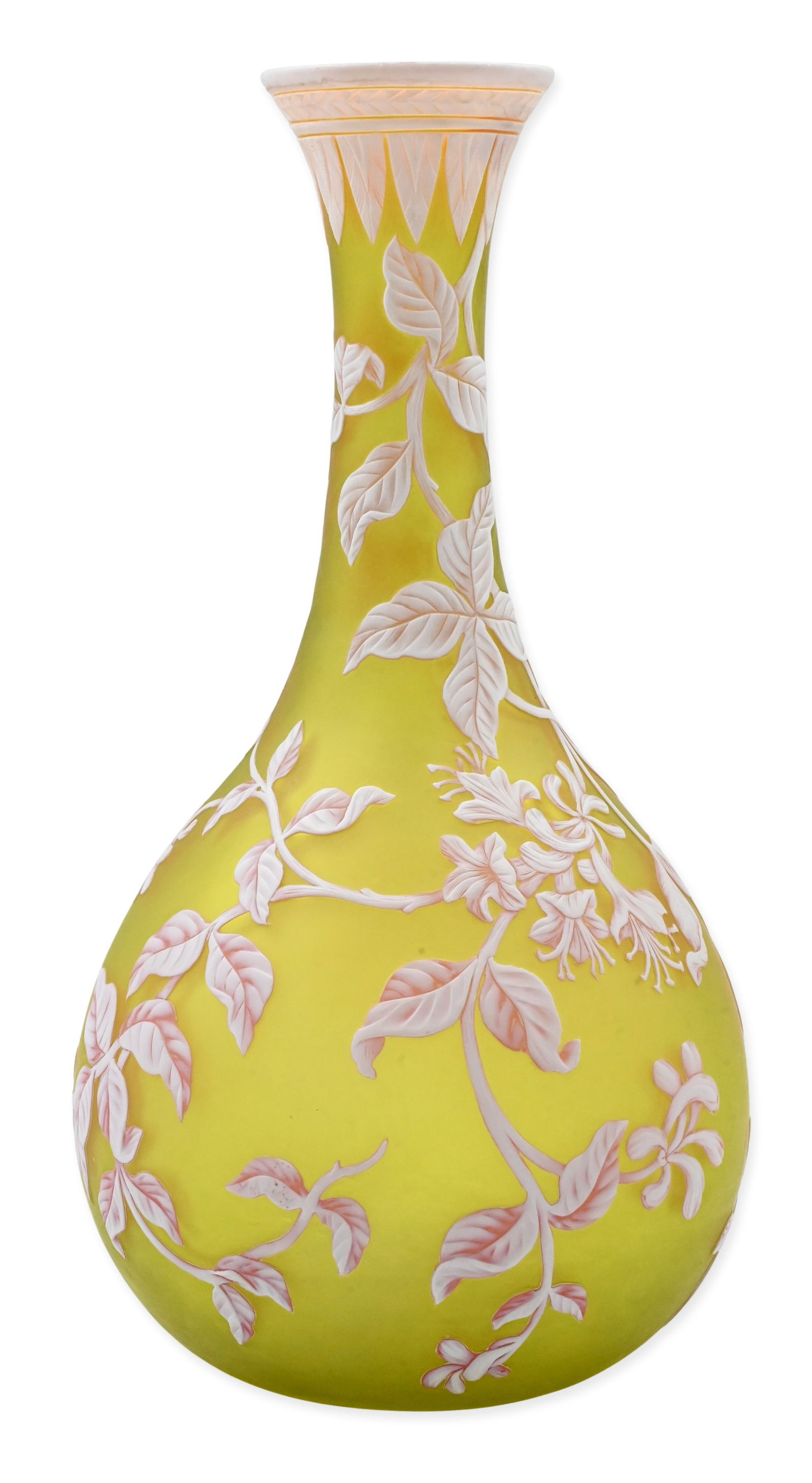 Thomas Webb & Sons for Tiffany & Co. Cameo Glass Vase with Honeysuckle: Thomas Webb & Sons for Tiffany & Co. Cameo Glass Vase with Honeysuckle yellow-ground cameo glass vase carved in white relief with flowering honeysuckle vines, rim overlaid and cut with foliate band, u