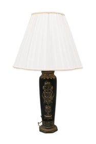Black Lacquer Vase with Silvered-Metal Mounts, Now a Lamp