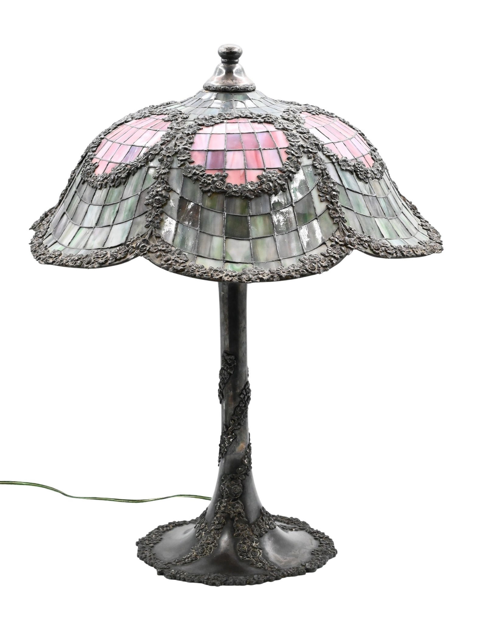 Gorham Manufacturing Co. Leaded Glass Desk Lamp: Gorham Manufacturing Co. Leaded Glass Desk Lamp handcrafted leaded-glass desk lamp in a geometric and organic motif, the shade composed of variegated green, amber, and red glass tiles arranged in a do