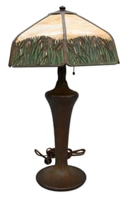 Handel Leaded Glass and Patinated Bronze Table Lamp