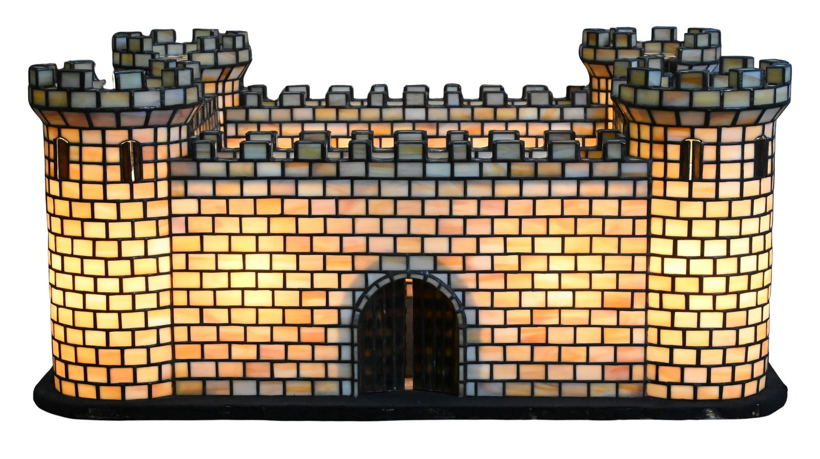 Caramel Glass and Leaded Castle Light by Tom Guerrette: Caramel Glass and Leaded Castle Light by Tom Guerrette having four turret corners, 5,028 pieces of hand-cut glass, along with a custom stand and documentation and photos of the many awards it has won 